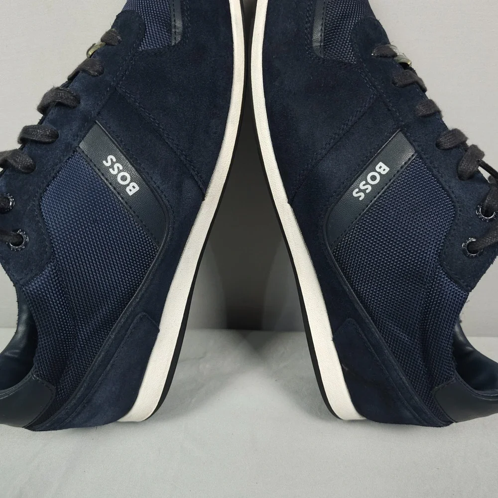 Hugo Boss Glaze Shoes Men Size 43 US 10 Navy Blue Suede Low Lace Up Sneaker